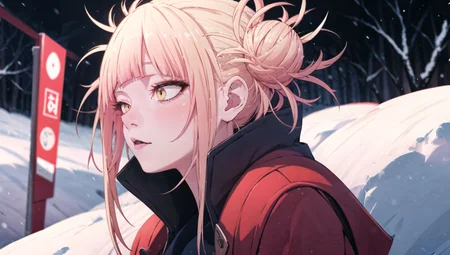 1girl, snowstorm, dark forest, snow, snow falling, winter, night, dark, amazing background, blond hair, stands in the center, Best Shadows, red winter jacket, warmly dressed, without a hat, (perfect hands:1.2), night, dark, (Solo:1.3), <lora:TogaHimikoLoRA:1>, (realistic:1.3), epic realistic, detailed, 4k,