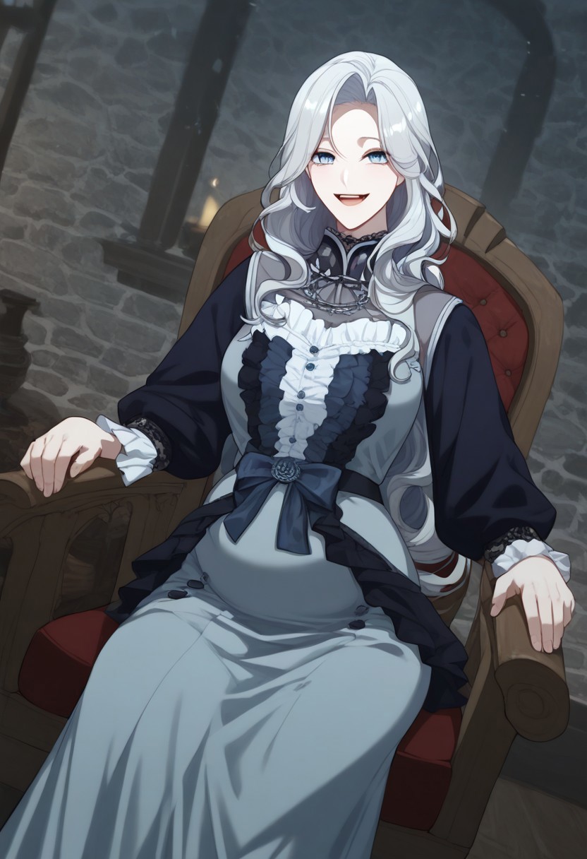 Score_9, Score_8_up, detailed background, night, pov, ruined tavern, Expressiveh, Character, zPDXL, 
1girl, Reneemacias, light blue eyes, grey hair, long hair,  Maternity wear uniform ,pregnant,
 Sit in a rocking chair,solo,living room,happy,