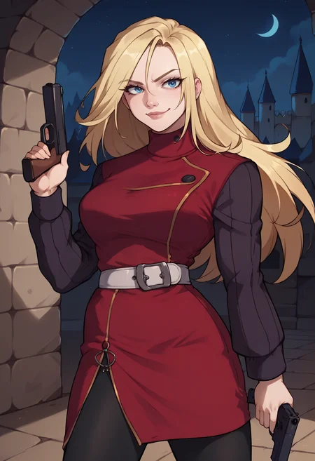 score_9, score_8_up, score_7_up, 1girl, cowboy shot, smug, looking at viewer, holding handgun, dual wielding, <lora:YokoCV-pdxl:1> yokoCV, long hair, blonde hair, blue eyes, red dress, sweater, long sleeves, white belt, black pantyhose, night, castle