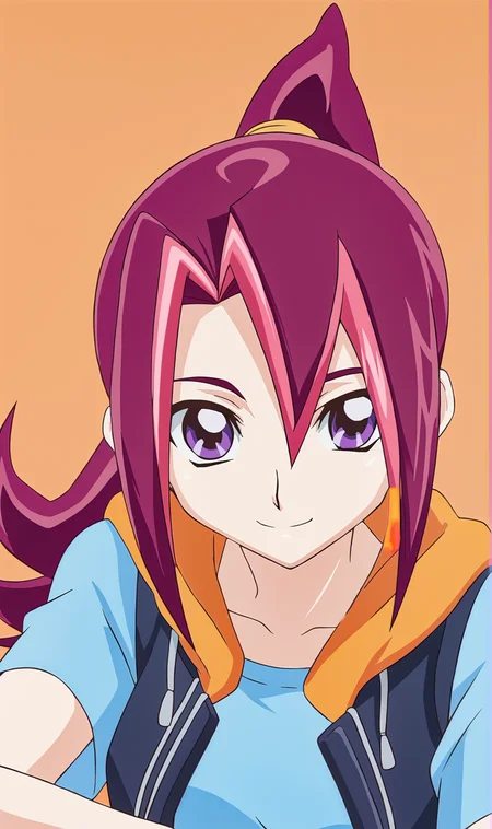 KT, 1girl, solo, pink hair, ponytail, purple eyes, hair tie, blue t-shirt, sleeveless hoodie, portrait, looking at viewer, smile, simple background, orange background, <lora:Kari Tsukumo Pony XL:1>