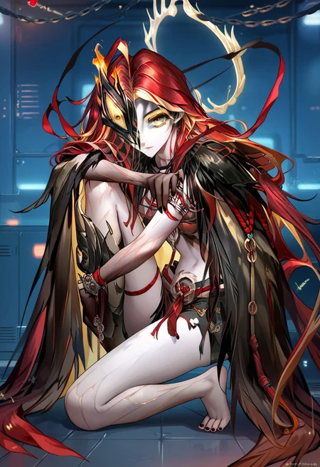 score_9_up, score_8_up, score_7_up, extreamly detailed, beautiful detailed face, complex detailed background, completely clothes, BREAK,
COQUELIC (PATH TO NOWHERE), 1girl, solo, long hair, looking at viewer, jewelry, sitting, full body, yellow eyes, red hair, multicolored hair, barefoot, pale skin