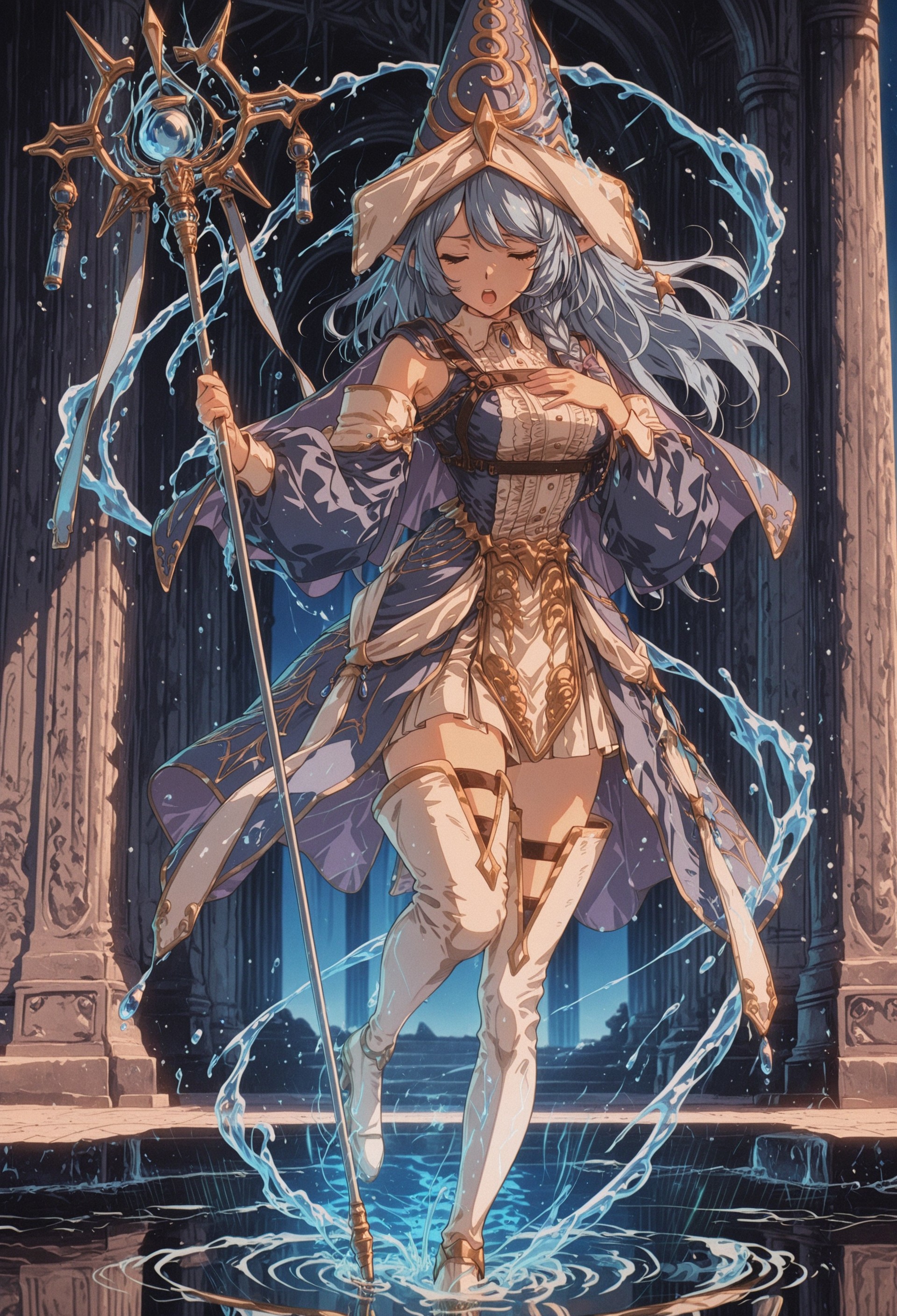 1girl, solo, Water Enchantress of the temple, blue witch hat, witch dress, blue detached sleeves, white thighhighs, gold footwear, hand to own chest, staff, holding staff up, casting water magic, hydrokinesis, floating water, water, wading, reflective water, standing on one leg, eyes closed, open mouth, chanting, concentrating, 
BREAK
scenery, temple, indoor, greco-roman architecture, soft shadows, vivid, perspective, masterpiece, best quality, amazing quality, intricate detail, highly detailed, newest, absurdres, high quality, dynamic composition, dark_fantasy_style, retro, film grain, depth of field