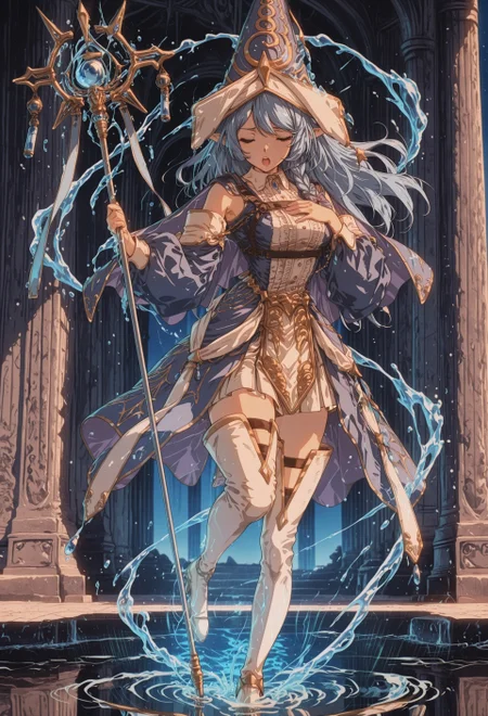 1girl, solo, Water Enchantress of the temple, blue witch hat, witch dress, blue detached sleeves, white thighhighs, gold footwear, hand to own chest, staff, holding staff up, casting water magic, hydrokinesis, floating water, water, wading, reflective water, standing on one leg, eyes closed, open mouth, chanting, concentrating, 
BREAK
scenery, temple, indoor, greco-roman architecture, soft shadows, vivid, perspective, masterpiece, best quality, amazing quality, intricate detail, highly detailed, newest, absurdres, high quality, dynamic composition, dark_fantasy_style, retro, film grain, depth of field