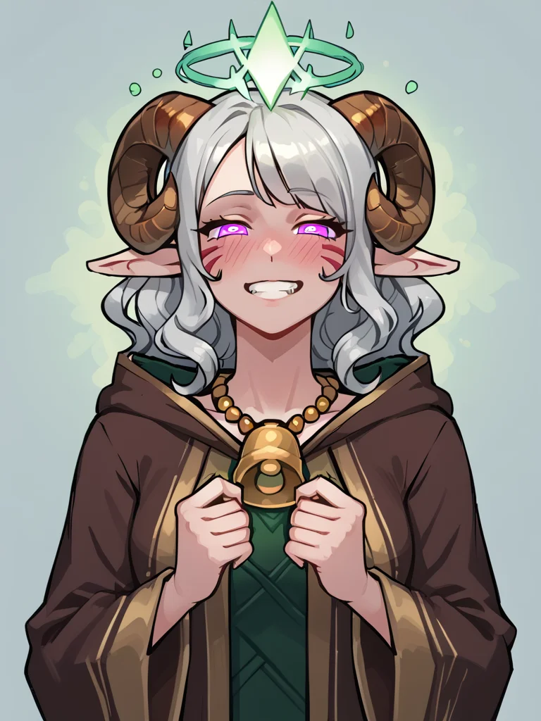 source_furry, score_7_up, rating_safe, cowboy shot, gold necklace, tiefing, short pointed ears, brown horns, (a pair of brown sheep Horns that begin at her temples and curve back: 1.5), bangs, long silver hair long wavy hair, pale skin, <lora:whisker_markings:0.8>red whisker_markings ,short pointy ears, purple eyes, <lora:age_slider_v4:0.6> medium breasts, skinny female, close up, silver hair, <lora:Tieflingnew weird fantasyDND:0.3> Tiefling, pointed ears, horns, <lora:Smooth Style 2 SDXL_LoRA_Pony Diffusion V6 XL:0.5> bell, robe, hood off,
<lora:Crown_of_Madness:0.6> glowing crown, (green light):1.2, hypnosis, half-closed eyes, spiral:1.2, evil grin, embarrassed,