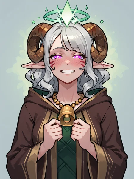 source_furry, score_7_up, rating_safe, cowboy shot, gold necklace, tiefing, short pointed ears, brown horns, (a pair of brown sheep Horns that begin at her temples and curve back: 1.5), bangs, long silver hair long wavy hair, pale skin, <lora:whisker_markings:0.8>red whisker_markings ,short pointy ears, purple eyes, <lora:age_slider_v4:0.6> medium breasts, skinny female, close up, silver hair, <lora:Tieflingnew weird fantasyDND:0.3> Tiefling, pointed ears, horns, <lora:Smooth Style 2 SDXL_LoRA_Pony Diffusion V6 XL:0.5> bell, robe, hood off,
<lora:Crown_of_Madness:0.6> glowing crown, (green light):1.2, hypnosis, half-closed eyes, spiral:1.2, evil grin, embarrassed,