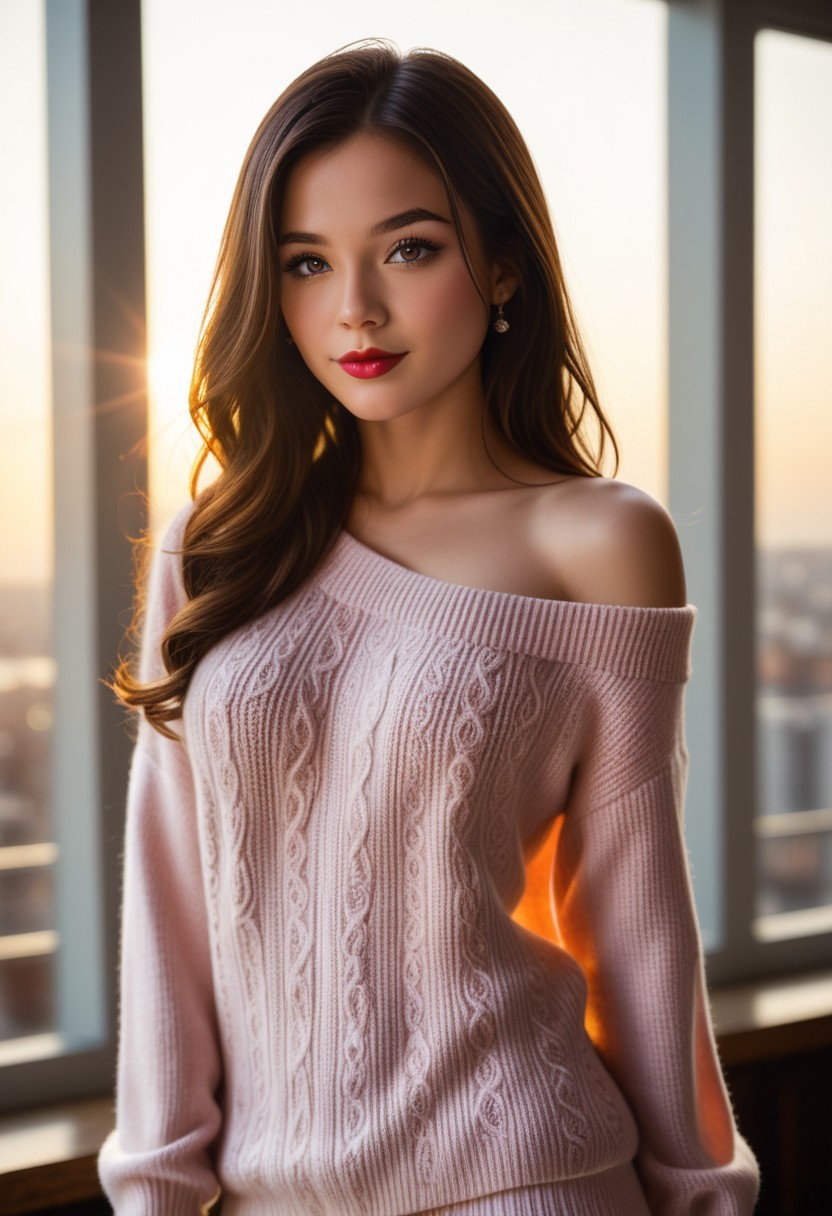 score_9, score_8_up, score_7_up, realistic,   <lora:ccbelle_v1:0.5>, (Upper body photo:1.2). Cute exotic Girl.  Detailed eyes framed by long, perfect eyelashes. Elegant eyeliner. Light make-up. Detailed face. Soft features. Pale. Pure. Flowing. Fantasy, Whimsical. Surreal. detailed features, organic forms, meticulous portraiture, complex patterns, double exposure, transparent, surreal artwork, artful, aesthetic, unusual, vintage feel, post apocalyptic, unsettling violence, macabre, suspenseful, crazy visual soundscape. ((an extremely delicate and beautiful)), floating, (detailed clothes), (detailed light), (sunlight), (shine), colorful, dynamic vivid colors, panorama, Professional portraits, dynamic lighting. Magical, enchanting, alluring. Exotic. Erotic, Sensual, sexual., (Upper body photo:1.2). Beautiful female. Wearing elegant one-shoulder sweater dress. Detailed eyes framed by long, perfect eyelashes. Her eyebrows are perfectly arched and delicate, adding grace to her gaze. Subtle eyeliner. Light make-up. Detailed face. Soft features. Sensual. Photorealistic, Natural atmospheric lighting, intricate details, 35mm photograph, film, professional, 4k visuals, highly detailed, elegant, studio quality.
