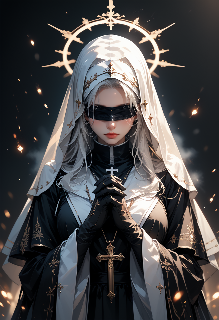 (score_9, score_8_up), score_7_up, 1girl, long hair, large breasts, simple background, gloves, long sleeves, white background, dress, jewelry, upper body, white hair, black gloves, hood, wide sleeves, necklace, black dress, blindfold, halo, own hands together, cross, veil, interlocked fingers, hood up, nun, own hands clasped, praying,, 
depth of field, blurry background, black background, dark, CINE, embers, 
 <lora:unholy-000009:0.75>   <lora:CINE-000008:0.5>