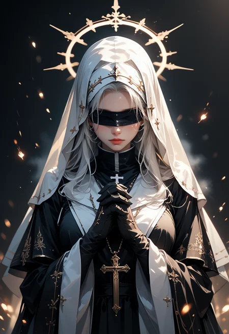 (score_9, score_8_up), score_7_up, 1girl, long hair, large breasts, simple background, gloves, long sleeves, white background, dress, jewelry, upper body, white hair, black gloves, hood, wide sleeves, necklace, black dress, blindfold, halo, own hands together, cross, veil, interlocked fingers, hood up, nun, own hands clasped, praying,, 
depth of field, blurry background, black background, dark, CINE, embers, 
 <lora:unholy-000009:0.75>   <lora:CINE-000008:0.5>