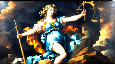 <lora:G30rg3B4rr3tSr_v1:1>, G30rg3B4rr3tSr oil painting, minerva the goddess of justice