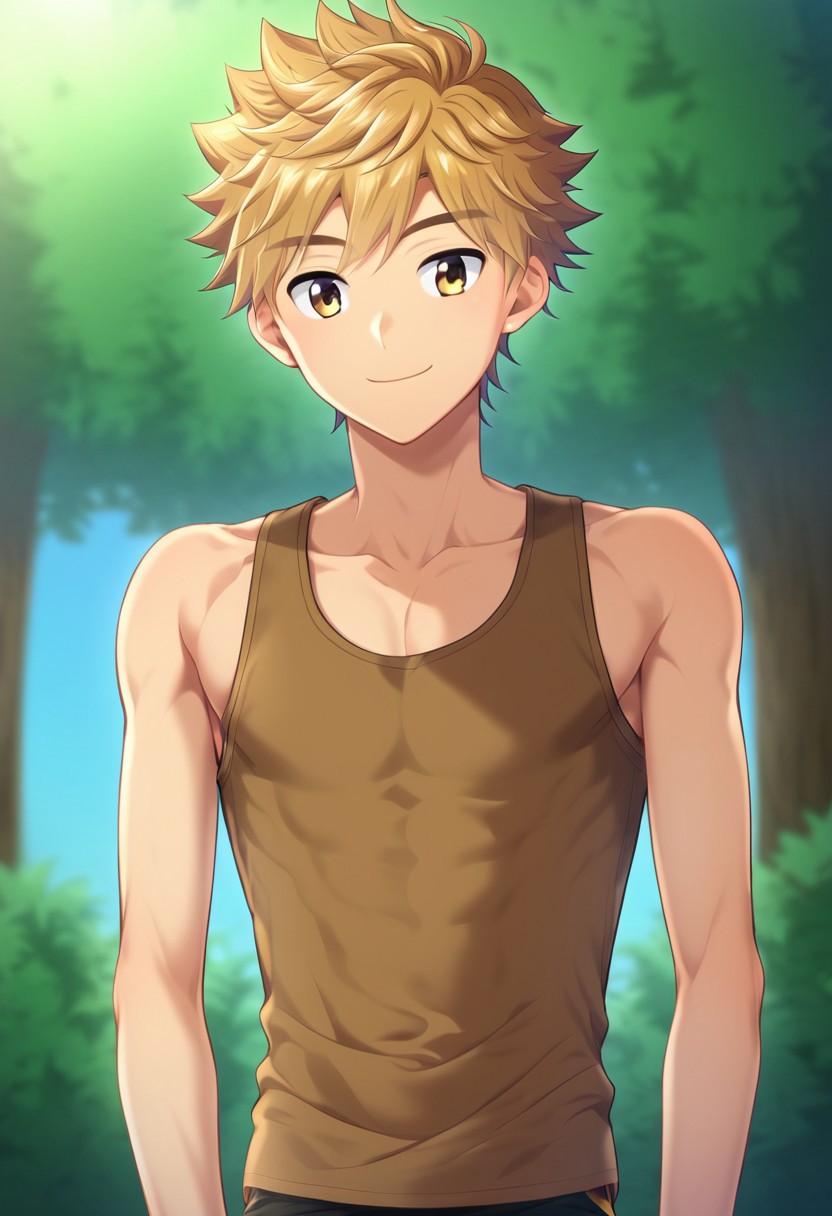 hikarishi_kenji, blond hair, short hair, bangs, 1boy, (solo:1.20), solo focus, character with (athletic body:1.1), (balanced:1.2), 1boy, solo, solo focus, brown tank top, wear black trunk, smile, proportional body, strong lower body