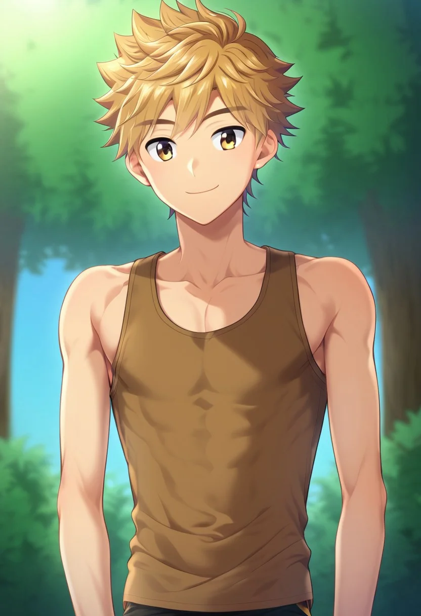 hikarishi_kenji, blond hair, short hair, bangs, 1boy, (solo:1.20), solo focus, character with (athletic body:1.1), (balanced:1.2), 1boy, solo, solo focus, brown tank top, wear black trunk, smile, proportional body, strong lower body