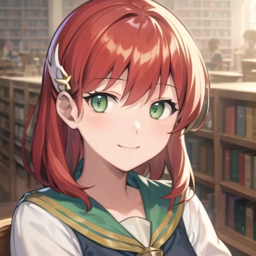 priscilla fe, <lora:Priscilla_FE-15:0.7>, 1girl, green eyes, serafuku, looking_at_viewer, hairclip, library, light smile, (illustration), (detailed light),((an extremely delicate and beautiful)),(beautiful detailed eyes)