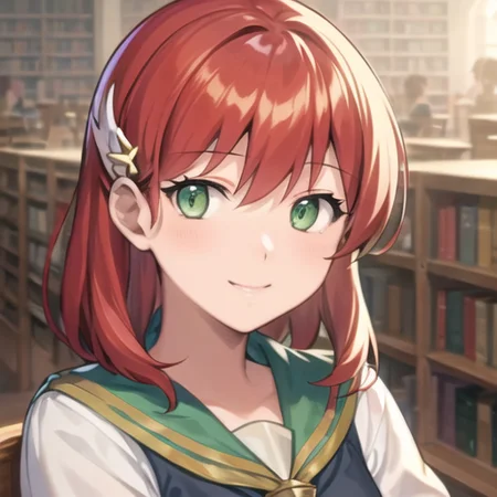 priscilla fe, <lora:Priscilla_FE-15:0.7>, 1girl, green eyes, serafuku, looking_at_viewer, hairclip, library, light smile, (illustration), (detailed light),((an extremely delicate and beautiful)),(beautiful detailed eyes)