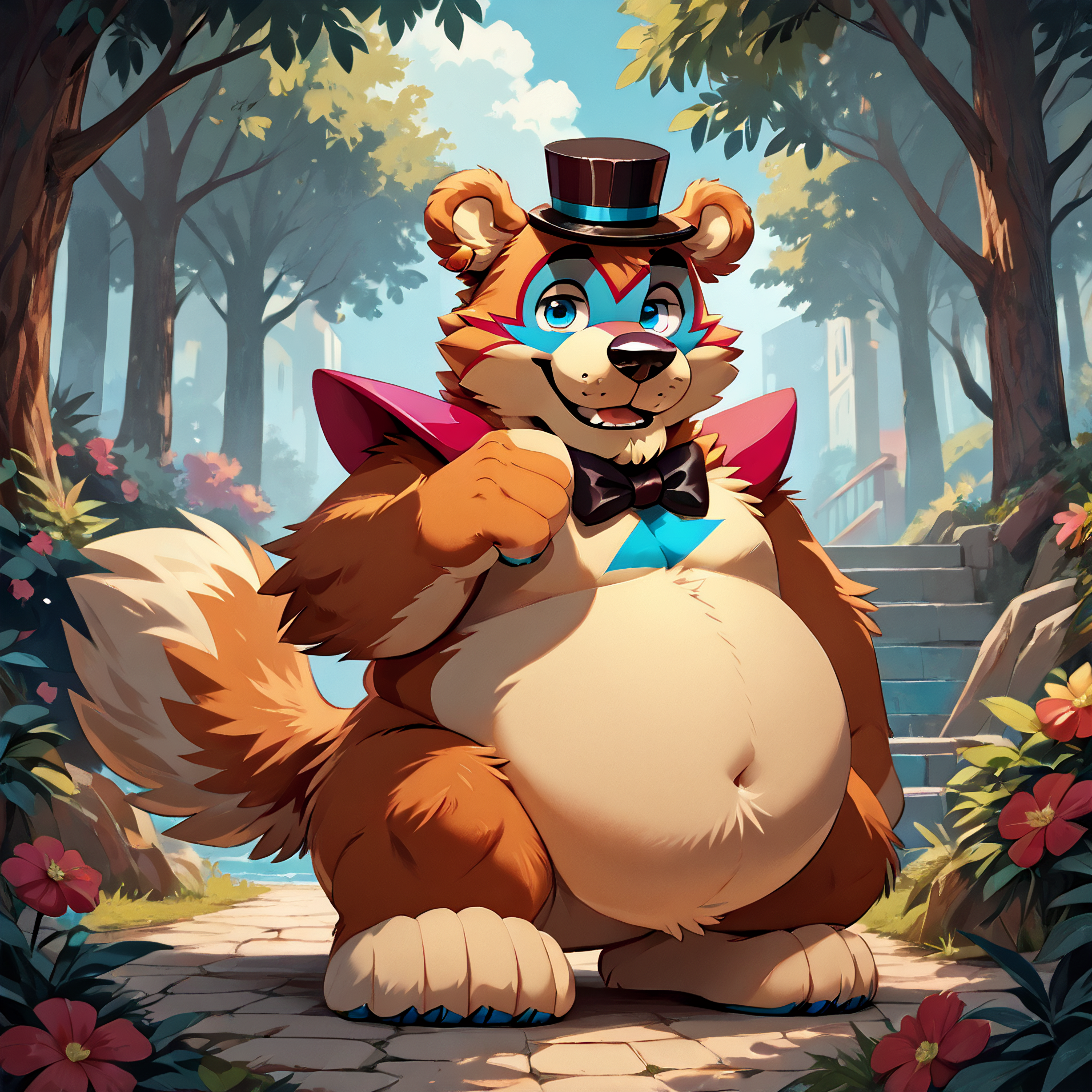 <lora:bigfreddy_ponyxl-10:1>  score_9_up, score_8_up, score_7_up, source_furry, best quality, masterpiece, outsude, park, park background, (bigfreddy), bear ears, solo, (looking at viewer), perfect body,  (perfect anatomy),  fluffy paws, (fluffy paws), detailed ears, detailed hands, detailed body, perfect body, (detailed hands),  zPDXL3, detailed hat, male focus, nice background, (flat chest), fluffy head:0.8, looking at viewer, cute and chubby round belly, black bowtie
 <lora:zy_Detailed_Backgrounds_v1:1.0>  <lora:HandFixer_pdxl_Incrs_v1:0.5>