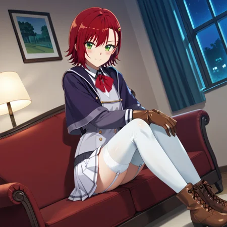 masterpiece, best quality, score_9, score_8_up, score_7_up, full body, 1 girl, looking at viewer, cowboy shot, dutch angle, indoors, sitting on couch, living room, night, blush, smile, amyu, green eyes, red hair, short hair, latex school uniform, garter straps, pleated latex skirt, white latex thighhighs, latex thighhighs, brown latex boots, flat boots, brown latex gloves