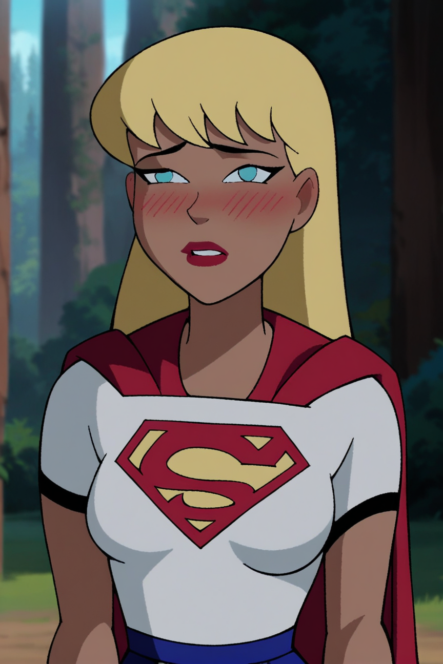 score_9, score_8_up, score_7_up,<lora:Supergirl_JLU_PDXL:0.8>, supergirl, blue eyes, blonde hair, long hair, red lips, makeup, dark skin, medium breasts, supergirl crop top,  white gloves, short red cape, blue mini skirt  shy, blush, portrait, shy pose, solo, outdoors, nature, blurry background, best quality, high quality