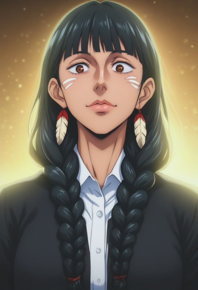 score_9, score_8_up, score_7_up, source_anime, intricate details, anime screencap, perfect balance, official art, extremely detailed CG unity 8k wallpaper, perfect lighting, Colorful, Warm_Front_face_Lighting, (masterpiece:1.0),(best_quality:1.0), ultra high res,4K,ultra-detailed, photography, 8K, HDR, highres, absurdres:1.2, Kodak portra 400, blurry background, bokeh, lens flare, (Anime) (vibrant_color:1.2), professional photograph, night, (cute_face:1.2), 2d, anime, upper body, intricate iris, American, Professional character design, 1girl, female focus, (Brown eyes), perfect eyes, (black-hair), Native American, Indigenous, American Indian, youthful, solo, jujutsu_kaisen_style, character portrait, (perfect-lighting), face, young, (Dark-black-hair), Long hair, (Native American), Indigenous, American Indian, (((wild eyes))), (Native North American), (Upturned eyes), (high cheekbones), (strong jawline), (Black Hair), ((((Native-American-Eagle-feather-braids, Native American Eagle feather accessories)))), (Black Cowboy Jacket), (((wild eyes))) ((Bobbed Bangs)) (((Slanted-Eyes))) (Psycho) (Happy) (Friendly) (Goofy) (Dark Black Jacket) (White Dress Shirt), (Warpaint), (Redwood Forest, Pacific Northwest Forests), (Inuit), (Tan skin), (Dark Skin), (Brown skin), (bobbed hair), White Eagle-Feather-Earrings, Thick Bangs, Bobbed hair, Bob-cut, White-Feather-Earrings, Brown-skin, Inuit Face-paint, Full-Bangs, Wide-Bangs, Thick-Hair, Native Face-paint, Slanted Eyes. Upturned Eyes