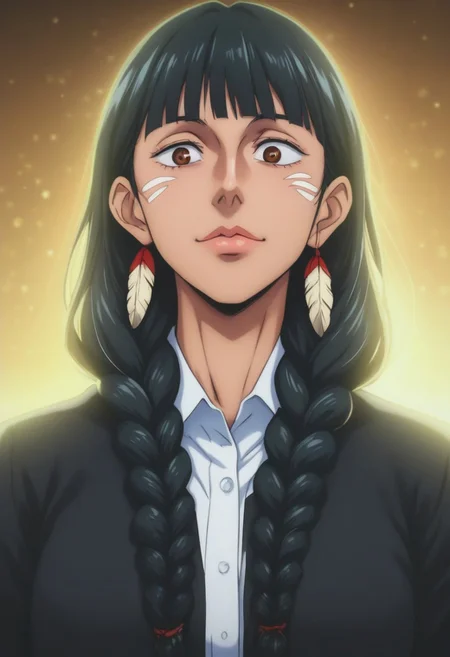 score_9, score_8_up, score_7_up, source_anime, intricate details, anime screencap, perfect balance, official art, extremely detailed CG unity 8k wallpaper, perfect lighting, Colorful, Warm_Front_face_Lighting, (masterpiece:1.0),(best_quality:1.0), ultra high res,4K,ultra-detailed, photography, 8K, HDR, highres, absurdres:1.2, Kodak portra 400, blurry background, bokeh, lens flare, (Anime) (vibrant_color:1.2), professional photograph, night, (cute_face:1.2), 2d, anime, upper body, intricate iris, American, Professional character design, 1girl, female focus, (Brown eyes), perfect eyes, (black-hair), Native American, Indigenous, American Indian, youthful, solo, jujutsu_kaisen_style, character portrait, (perfect-lighting), face, young, (Dark-black-hair), Long hair, (Native American), Indigenous, American Indian, (((wild eyes))), (Native North American), (Upturned eyes), (high cheekbones), (strong jawline), (Black Hair), ((((Native-American-Eagle-feather-braids, Native American Eagle feather accessories)))), (Black Cowboy Jacket), (((wild eyes))) ((Bobbed Bangs)) (((Slanted-Eyes))) (Psycho) (Happy) (Friendly) (Goofy) (Dark Black Jacket) (White Dress Shirt), (Warpaint), (Redwood Forest, Pacific Northwest Forests), (Inuit), (Tan skin), (Dark Skin), (Brown skin), (bobbed hair), White Eagle-Feather-Earrings, Thick Bangs, Bobbed hair, Bob-cut, White-Feather-Earrings, Brown-skin, Inuit Face-paint, Full-Bangs, Wide-Bangs, Thick-Hair, Native Face-paint, Slanted Eyes. Upturned Eyes