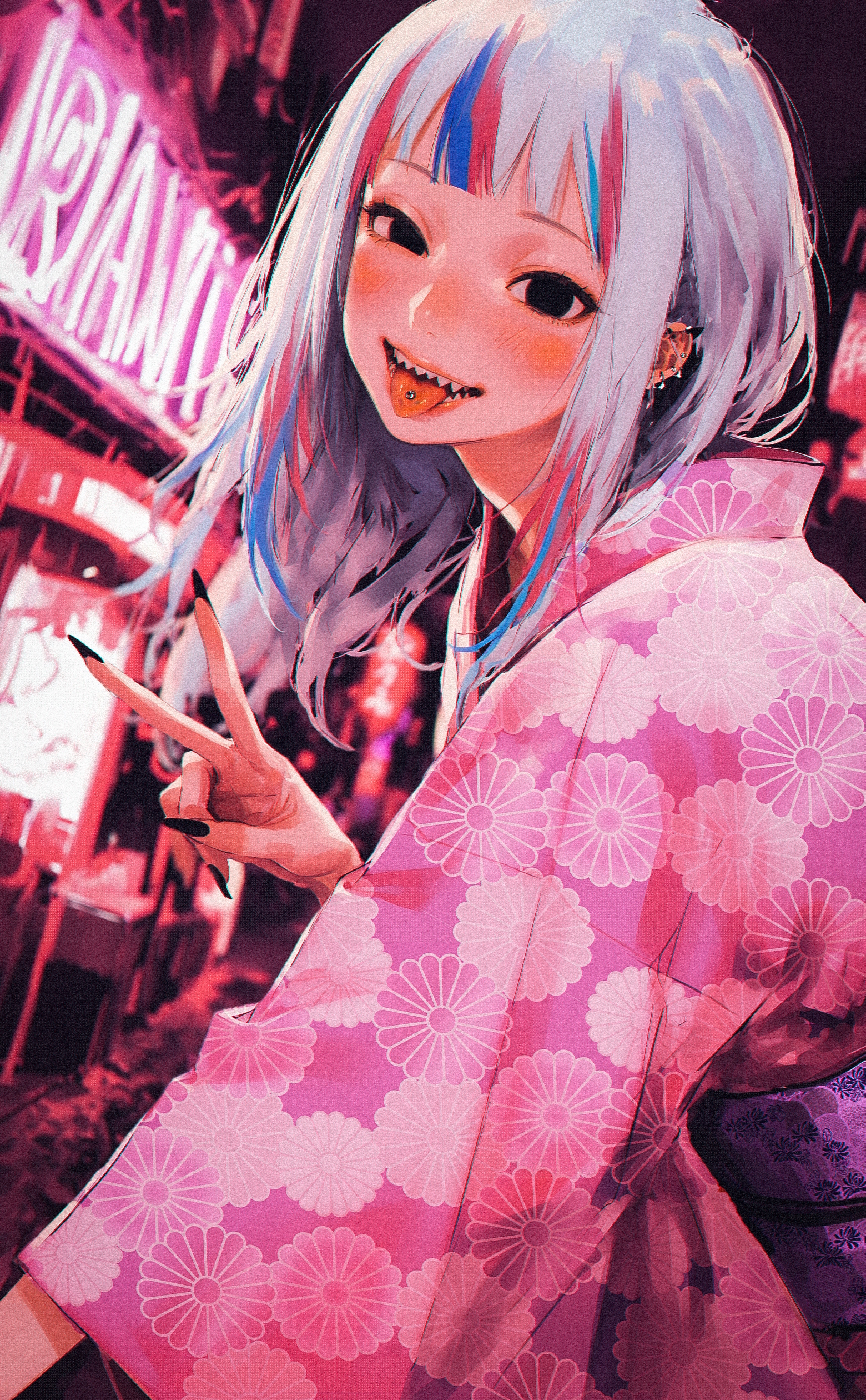 sketchy realistic detailed artwork, (by pikuson, by mizumi zumi:1.3), (by narue:1.2), (by tatsumi \(psmhbpiuczn\):1.2),   dutch angle, blurry background, 
linear hatching,  hatching \(texture\), (brushstrokes \(texture\):1.25),
profile, from side, 1girl, gawr gura, blue hair, kimono, leaning forward, yandere, dark background, night, neon lights, red theme, pink theme, violet theme, purple theme, close-up face, gyaru, gyaru v,   perspective,  sharp teeth, blush, black eyes, empty eyes, head tilt,  one eye half-closed,  black nails, sharp fingernails, tongue out, tongue piercing, 
highres,
<lora:nhl-003-wai-15-old:0.8> nhl-003
<lora:nhl-002-nai:0.8> nhl-002,
<lora:nhl-001-20:0.6> nhl-001,