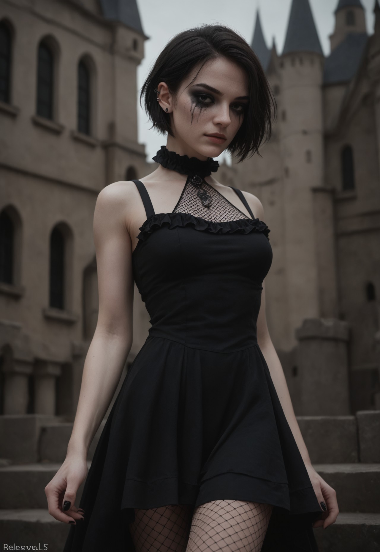 score_9_up, score_8_up, score_7_up, score_6_up, 1girl, 25 years old, perfect face, sexy, (adult),
black eyes, 
short hair, straight hair, 
pale skin, black eyeshadow, runny makeup, ear piercing, 
goth fashion, black nails,   
black dress, short dress, layered dress, frilled dress, sleevless, fishnets, 
castle 
