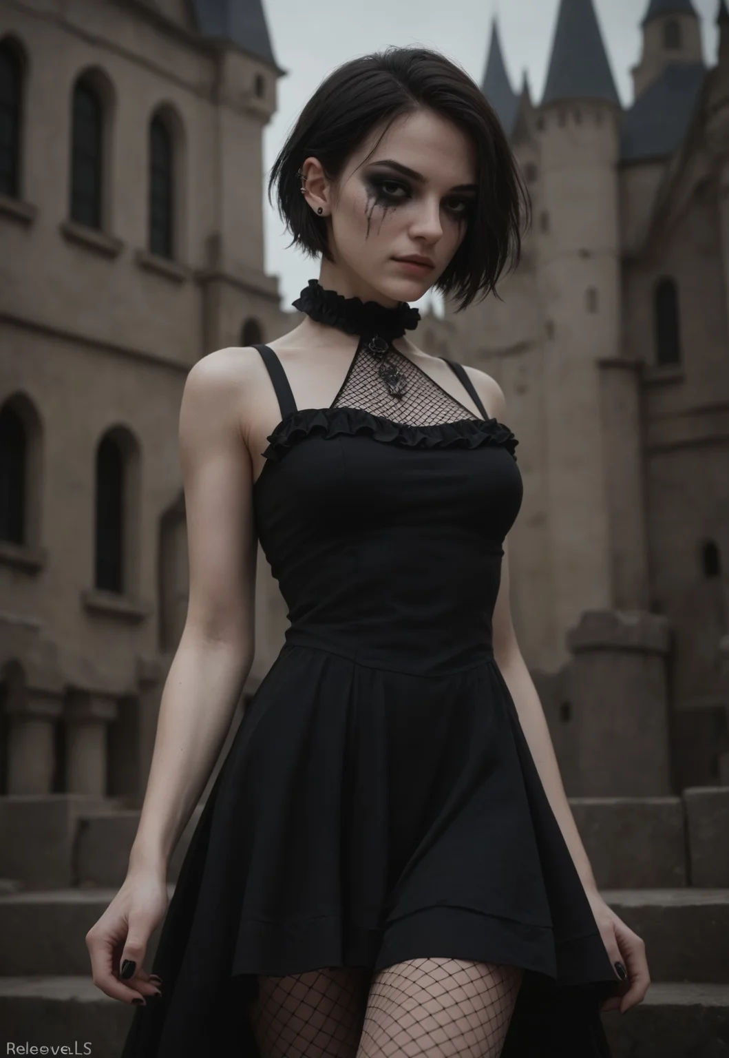 score_9_up, score_8_up, score_7_up, score_6_up, 1girl, 25 years old, perfect face, sexy, (adult),
black eyes,
short hair, straight hair,
pale skin, black eyeshadow, runny makeup, ear piercing,
goth fashion, black nails,
black dress, short dress, layered dress, frilled dress, sleevless, fishnets,
castle