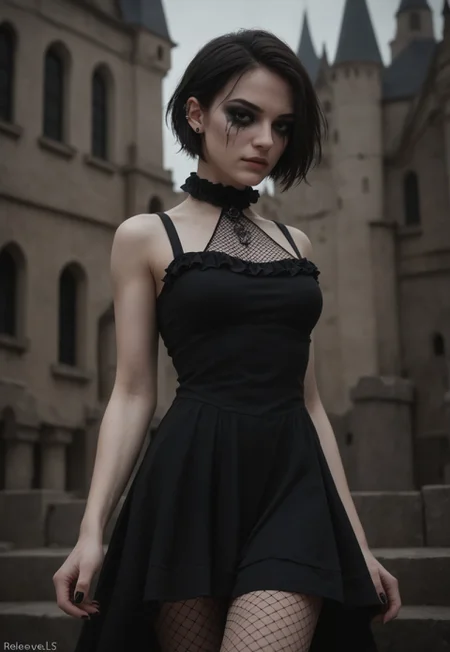 score_9_up, score_8_up, score_7_up, score_6_up, 1girl, 25 years old, perfect face, sexy, (adult),
black eyes,
short hair, straight hair,
pale skin, black eyeshadow, runny makeup, ear piercing,
goth fashion, black nails,
black dress, short dress, layered dress, frilled dress, sleevless, fishnets,
castle