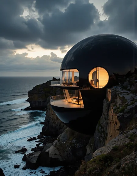 futuristic design. A photo-realistic shoot from a bird's eye view about a futuristic black sphere-shaped house perched on a rocky cliff overlooking the ocean at sunset. the house, situated on the right side of the image, has a sleek, modern design with a large, circular window on the left side, allowing natural light to filter through and create a warm glow. the exterior of the house is completely black, with a glass-enclosed balcony that provides a glimpse of the interior. the interior is illuminated by soft, warm lighting, creating a serene atmosphere. the sky is filled with dark, ominous clouds, adding to the dramatic effect of the scene. the ocean waves are crashing against the rocky cliff, with the waves breaking gently onto the shore. the overall scene is one of tranquility and serenity, capturing the beauty of nature and the power of the moment.