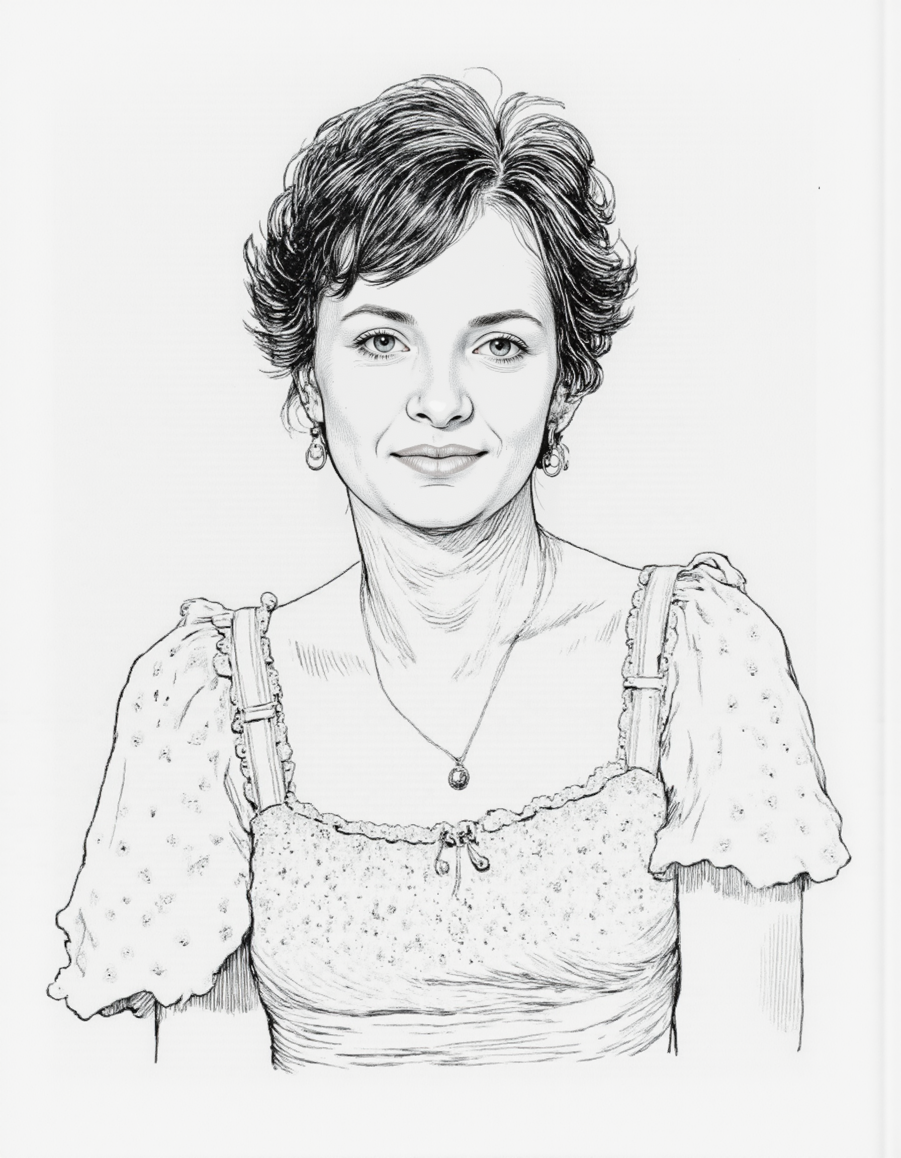 <lora:mig4v:1>, This image is a black-and-white line drawing, likely created with a pen or pencil, of, <lora:Dark_Ghibli:0.8>, masterpiece iconic portrait of pretty mature woman with black hair dressed white summer cotton dress,