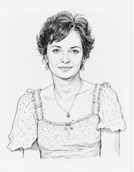 <lora:mig4v:1>, This image is a black-and-white line drawing, likely created with a pen or pencil, of, <lora:Dark_Ghibli:0.8>, masterpiece iconic portrait of pretty mature woman with black hair dressed white summer cotton dress,