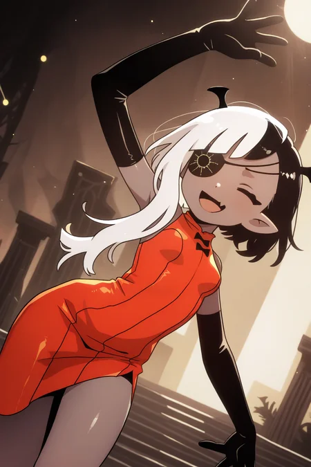 masterpiece, best quality, amazing quality, absurdres, solo, lugosichan, smile, open mouth, closed eyes, dancing, dutch angle, dark skin, split-color hair, white hair, black hair, eyepatch, skin fang, black elbow gloves, red dress, outdoors, abstract background