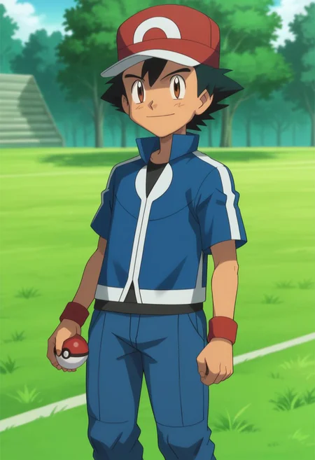 score_9, score_8_up, score_7_up, source_anime, highly detailed, 1boy, solo, male_focused  
ash_ketchum, hat, brown eyes, black hair, baseball cap, outdoors, jacket, closed mouth, shirt, blue jacket, 
outdoor, grass, holding, holding poke ball, smile, secure, standing, skinny, slender, cute,