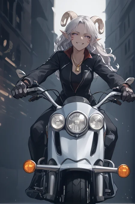 source_furry, score_7_up, rating_safe, source_anime, anime face, <lora:whisker_markings:0.8>red whisker_markings, silver long wavy hair, bell necklace, short pointy ears, purple eyes, <lora:age_slider_v4:0.6>
<lora:Test_Diana:0.9> tiefling_bard_diana:1.3,
frontmotorcycle, motorcycle, motor vehicle, motion line, speed lines, racing, from front, <lora:Tieflingnew weird fantasyDND:0.3><lora:Smooth Style 2 SDXL_LoRA_Pony Diffusion V6 XL:0.3> smile, open eyes, <lora:INKxXmo shaded face:1> Shaded FaceINKxXmo Dark Theme, <lora:On_motorcycle_front:1>