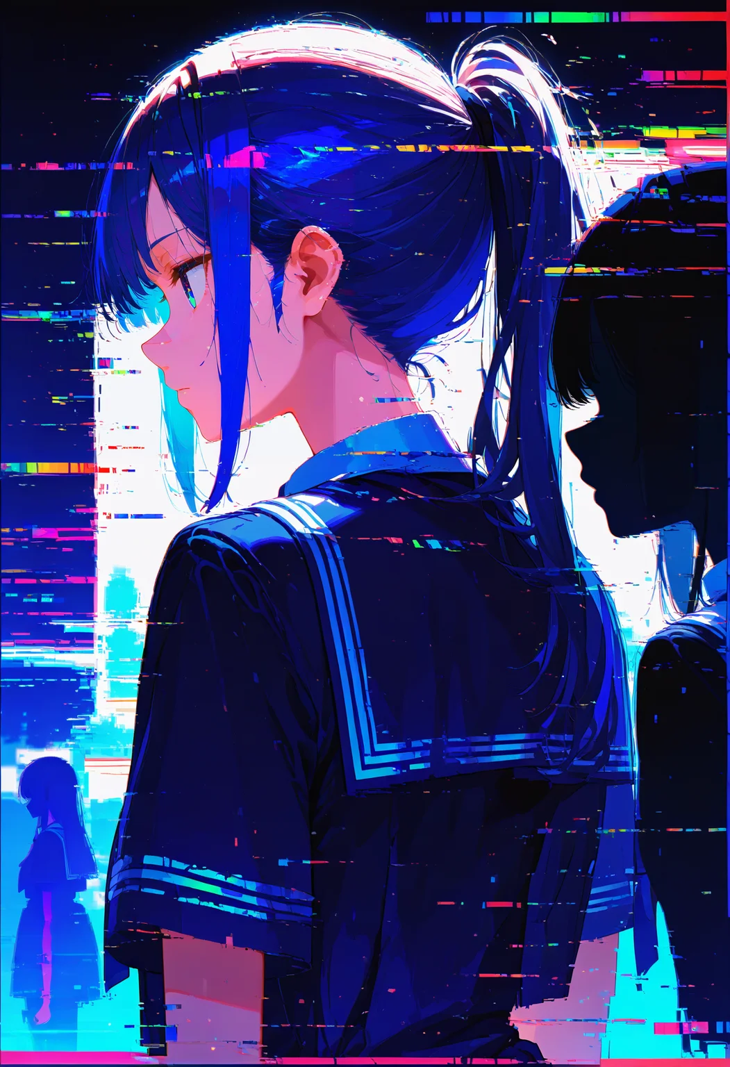 <lora:EtherPDXLStyleXL:1>, best quality, masterpiece, EtherPDXLStyle, glitch, multiple girls, 2girls, school uniform, ponytail, long hair, blue shirt, sailor collar, upper body, blue serafuku, short sleeves, profile, blue eyes, blue hair, sidelocks, closed mouth, from side, silhouette, from behind