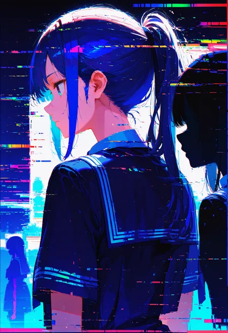 <lora:EtherPDXLStyleXL:1>, best quality, masterpiece, EtherPDXLStyle, glitch, multiple girls, 2girls, school uniform, ponytail, long hair, blue shirt, sailor collar, upper body, blue serafuku, short sleeves, profile, blue eyes, blue hair, sidelocks, closed mouth, from side, silhouette, from behind