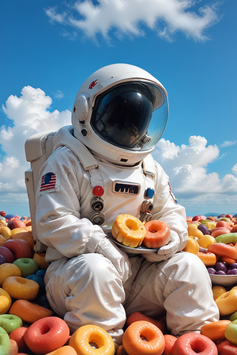 milk background,
cloud sky,
miniature photography,no face,
mini astronaut sitting on food,cowboy shot, 
score_9, score_8_up, score_7_up, score_6_up,  
<lora:swimming_in_cereal:0.8>hud_cere4l_sw1m,
<lora:sdxl_lightning_8step_lora:1> ,dof,