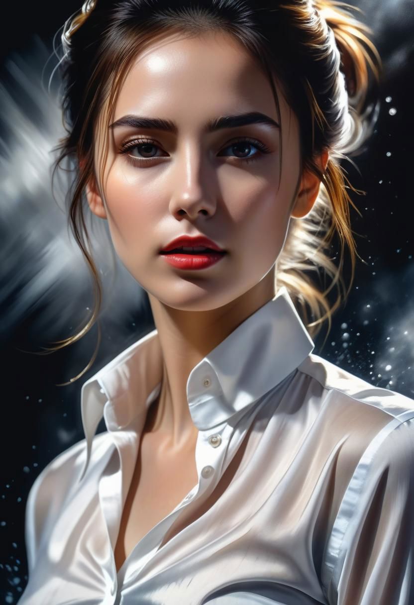 close-up, 8k, HDR, RGB, oil paint, watercolor, masterpiece, 8k, raw, ultra-realistic,
woman in white high collar shirt, high quality, masterpiece, portrait, fashion show, captured in the middle of a splash, action pose suggesting movement, chiaroscuro play of light and shadow, luminism, engraving, uniqueness, creating a photorealistic and crazy impression, professional level, digital art, soft natural volumetric cinematic perfect light. Interaction of light and shadow,
Greg Rutkowski, Maria Sibylla, Merian Style, Studio Ghibli Genshin Impact