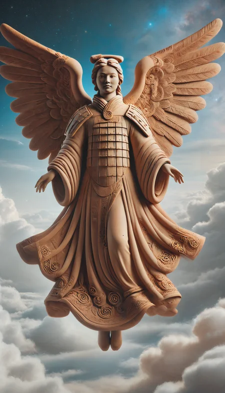 highly detailed, realistic, fine fabric detail, absurdres, highly-detailed, best quality, masterpiece, very aesthetic, a wide-frame full-body shot of a futuristic celestial angel made of terracotta floating above the clouds