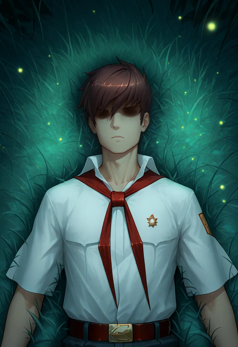 cinematic film still concept art masterpiece, best quality,
<lora:sembl:1> psembl, 1boy, solo, male focus, brown hair, shirt, white shirt, faceless, necktie, short sleeves, hair over eyes, belt, shaded face, closed mouth<lora:dark_v1.9-pony:0.9>enchanted forest clearing at night, lying, on back, from above, straight-on, soft moonlight penetrating through tall , fireflies hovering in the air, magical and serene atmosphere, clearing in the foreste<lora:NOOB_vp1_detailer_by_volnovik_v1:1> . digital artwork, illustrative, painterly, matte painting, highly detailed . shallow depth of field, vignette, highly detailed, high budget Hollywood movie, bokeh, cinemascope, moody, epic, gorgeous, film grain, grainy