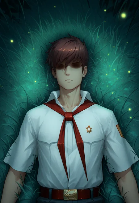 cinematic film still concept art masterpiece, best quality,
<lora:sembl:1> psembl, 1boy, solo, male focus, brown hair, shirt, white shirt, faceless, necktie, short sleeves, hair over eyes, belt, shaded face, closed mouth<lora:dark_v1.9-pony:0.9>enchanted forest clearing at night, lying, on back, from above, straight-on, soft moonlight penetrating through tall , fireflies hovering in the air, magical and serene atmosphere, clearing in the foreste<lora:NOOB_vp1_detailer_by_volnovik_v1:1> . digital artwork, illustrative, painterly, matte painting, highly detailed . shallow depth of field, vignette, highly detailed, high budget Hollywood movie, bokeh, cinemascope, moody, epic, gorgeous, film grain, grainy