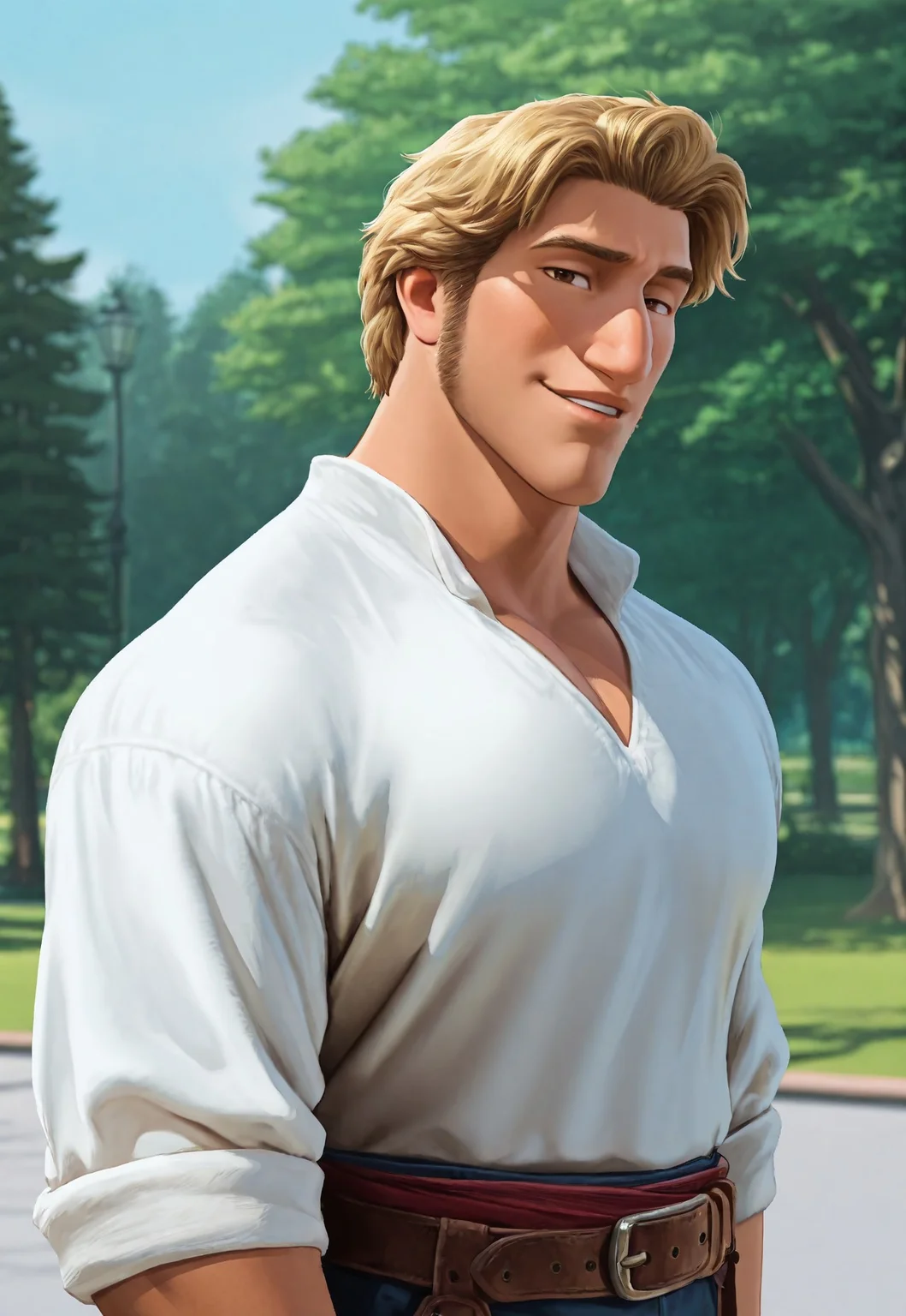 masterpiece, best quality, amazing quality, detailed background, intricate details, park, dynamic, cinematic, animated, anime realistic shading, solo, male focus, 1boy, handsome, j4c0b, blonde hair, brown eyes, sideburns, long sideburns, muscular male, upper body, white shirt, belt, belts, blue pants, sultry look, flirting with viewer, smug, parted lips, abstract background