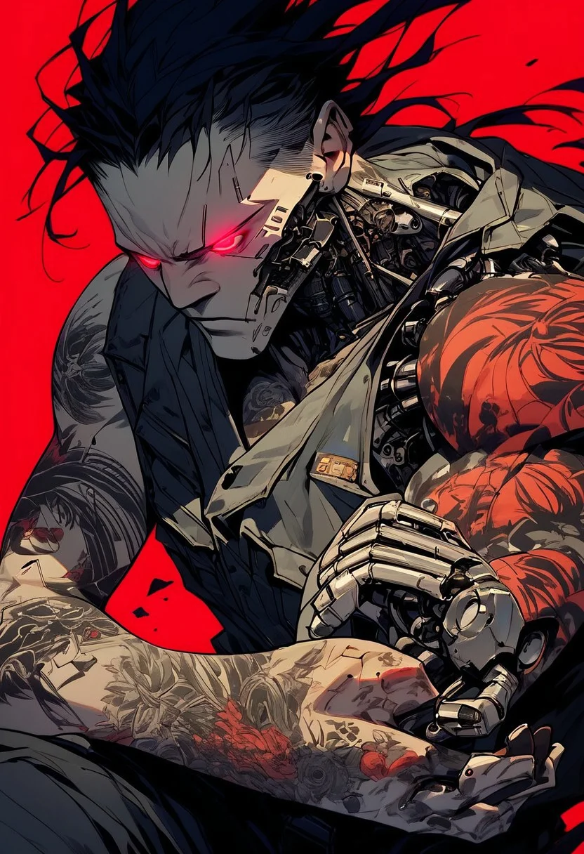 score_9, score_8_up, score_7_up, score_6_up, score_5_up, score_4_up,
Sinozick, dark aesthetic, handsome man, long black hair, red eyes, red background, male focus, shirtless, mechanical parts, cyborg, red glowing eyes, neon lights background, cargo black pants, one mechanical eye, body tattoos, military lace boots, perfect light, fighting stance, futuristic city in background, neon lights