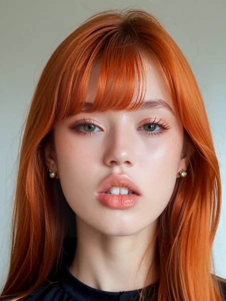 score_9, score_8_up, score_7_up, ladyburns, sideburns, 1girl, solo, (monolid:1.2), japanese, asian, korean, looking at viewer, bucktoothed, isolated, teefs44, parted lips, big teeth, jewelry, earrings, ((bangs)), long hair, ginger hair, bignoselady, large nose, aquiline, round face, (dimples:1.2), full lips, big lips, cupids bow, bow shaped lips, wide mouth <lora:Lady_Sideburns-000008:1>, <lora:Teefs-000007:.68>, <lora:Big_Nose_Ladies-000008:.8>