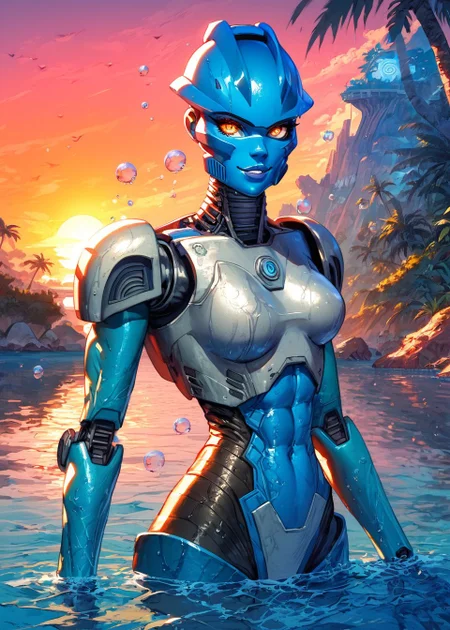 score_9, score_8_up, score_7_up,
gali, robot, athletic girl, slight abs, silver armor, seductive smile, jewerly,
knva, halftone effect, 1girl, solo, tropical island background,walking out of water, magnificent background,
soaked, wet, head turn, side, water control, telekinesis, water bubbles in the air, looking at viewer, water force, water energy consume,
sunset, two tone light,
<lora:Kenva:0.6>
<lora:Gali_Nuva:0.8>
<lora:cutesexyronutts_style_xl:0.7>
<lora:Fant5yP0ny:0.6>