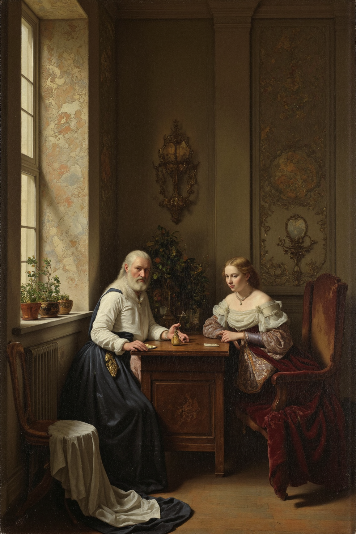 yfg-p@int, Masterful oil painting of a warm interior scene, captured with a brushes on a wooden panel. Set the lighting to soft, diffused natural light streaming through a window, casting gentle shadows across the subjects. The composition should focus on centered placement, with the subject or main figure positioned in harmony with the surrounding environment. Emphasize the use of chiaroscuro and sfumato techniques to create deep contrasts between light and dark areas. Add rich colors and textures reminiscent of 17th-century Dutch Masters.