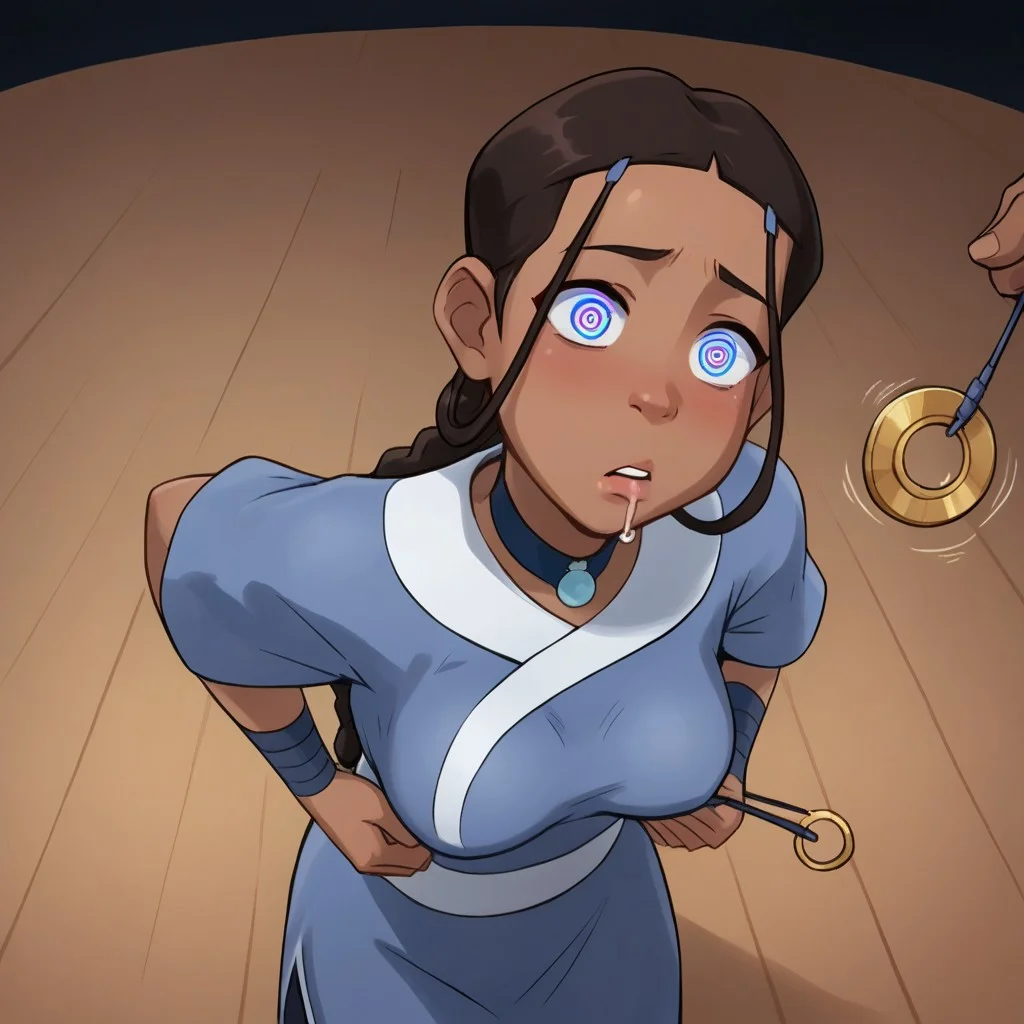 score_9, score_8_up, score_7_up, score_6_up.
<lora:katara-book2-ponyxl-lora-nochekaiser:1>, katara, long hair, blue eyes, brown hair, black hair, hair ornament, hairclip, braid, single braid, braided ponytail, dark skin, dark-skinned female , undressing
,presenting breasts, ahoge, bent over,
stading, head tilt, 1 girl, blank stare, dazed , blank face, relaxed expression, hypnotized expression, kinky, adorable, petite, round face, 18 years old, cutest girl in the world, expressive eyes, , medium perky breasts, standing on stage of theater, pendulum, pendulum swinging before eyes, , solo, ,, standing in trance. looking at pendulum, from above, hypnosis, spiral-only eyes, drooling, mind break, mind controll in progress