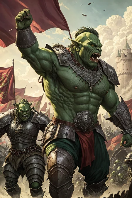 medieval fantasy portrait armored (green-skin:0.1) orc warrior charging into battle violent roar spittle raging angry arms up greaves boots standing in a crowd of warriors red banners windy dust debris storm fantasy stone castle bright morning light from side, (masterpiece:1.2) (illustration:1.2) (best quality) (detailed) (intricate) (8k) (HDR) (wallpaper) (cinematic lighting) (sharp focus)