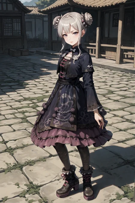score_9, score_8_up, score_7_up, source_anime, <lora:Dong_Bai:0.8> 1girl, solo, hair bun, grey hair, grey eyes, dress, long sleeves, pantyhose, hair ornament, boots, looking at viewer