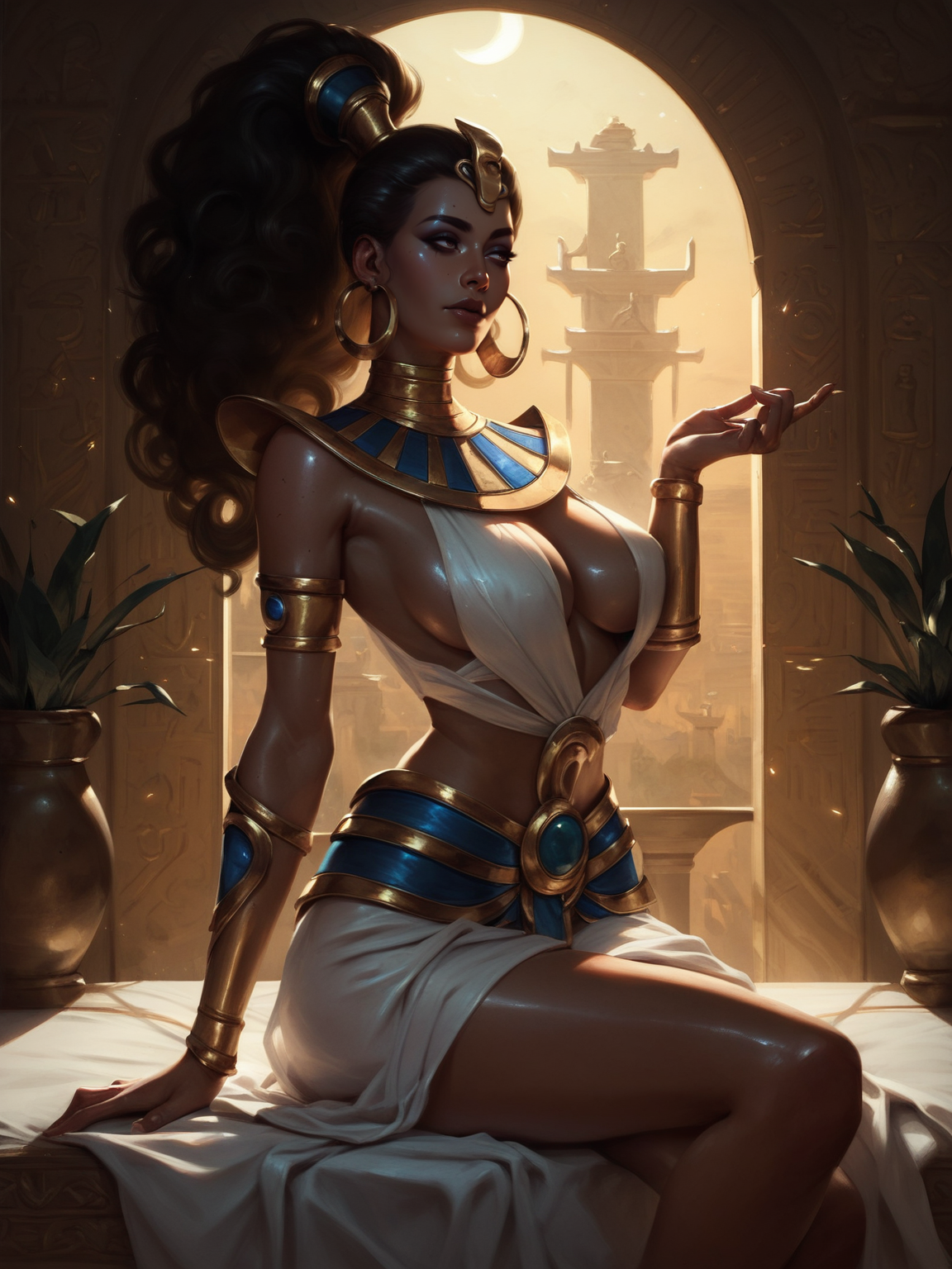 a dark skinned Egyptian beauty woman with a curvy figure with large breasts and long curly hair pulled back in a ponytail, dressed in egyptian armor, sits on the edge of a carved bed, behind her a tall window with a wooden lattice, opening into ancient egypt city, a small moon is visible in the dark sky, endless galaxy, solo, <lora:LeagueOfLegends-000008:0.65>, <lora:LOLT1-8:0.5>, score_9, score_8_up, score_7_up, score_6_up