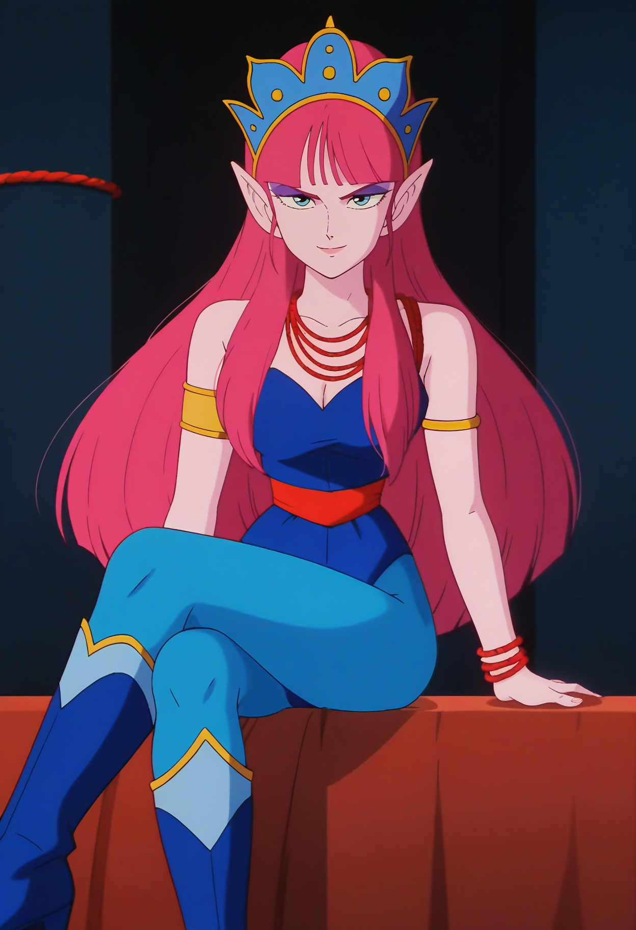 score_9, score_8_up, score_7_up, score_6_up, anime screencap, anime coloring, <lora:DBExtraGirlMelee_epoch_9:0.7>, DBExtraGirlMera, pointy ears, very long hair, blunt bangs, pink hair, pink skin, colored skin, blue eyes, purple eyeshadow,
red rope necklace, red rope bracelet, blue crown, blue leotard, cleavage, armlet, red waistband, blue pantyhose, blue footwear, knee boots,
crossed legs, sitting, seductive smile,
BREAK dark background, indoors,