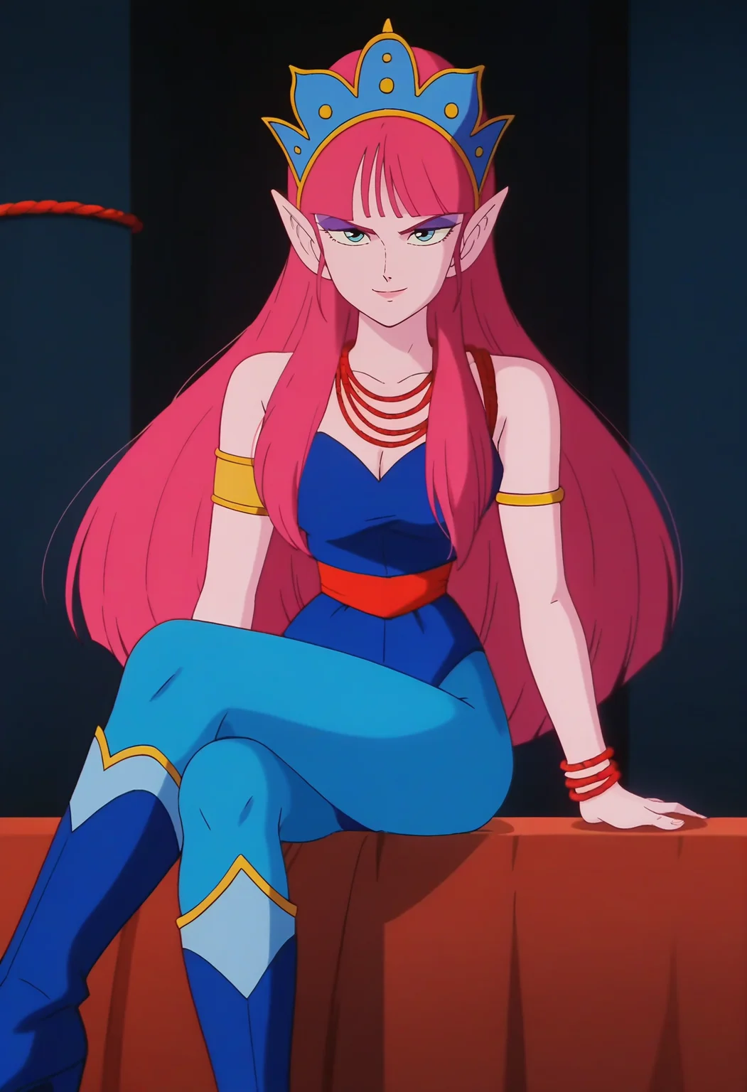 score_9, score_8_up, score_7_up, score_6_up, anime screencap, anime coloring, <lora:DBExtraGirlMelee_epoch_9:0.7>, DBExtraGirlMera, pointy ears, very long hair, blunt bangs, pink hair, pink skin, colored skin, blue eyes, purple eyeshadow,
red rope necklace, red rope bracelet, blue crown, blue leotard, cleavage, armlet, red waistband, blue pantyhose, blue footwear, knee boots,
crossed legs, sitting, seductive smile,
BREAK dark background, indoors,